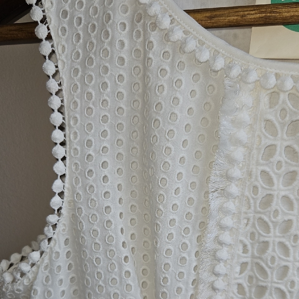 Boden Eyelet Dress Ivory Women's US 8 L (Tall) Pom Pom Hem